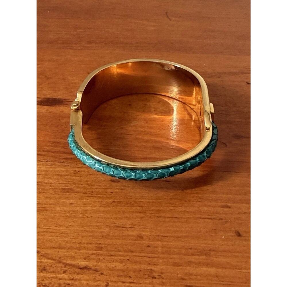 Gold Tone Hinged Cuff Bracelet with Turquoise Inlay Bohemian Statement Preowned - Picture 7 of 16